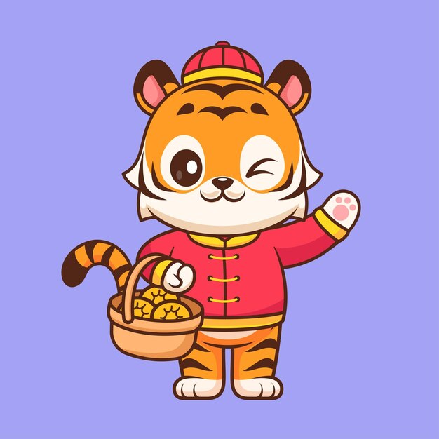 Lindo tigre chino sosteniendo una naranja en la canasta icono vectorial de dibujos animados Ilustración de alimentos para animales aislados