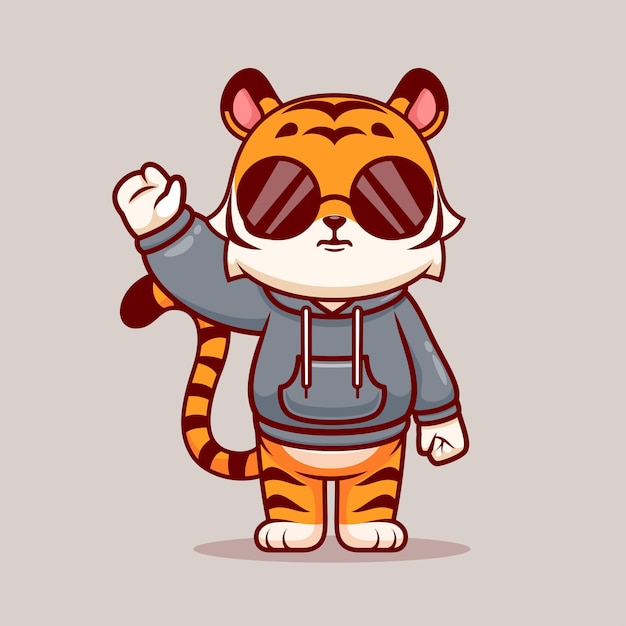 Lindo tigre fresco con chaqueta con capucha Cartoon Vector icono ilustración Animal moda aislado plano