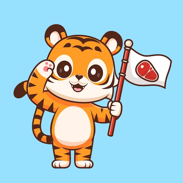 Lindo tigre sosteniendo un filete de carne bandera de dibujos animados icono vectorial ilustración comida para animales aislada plana