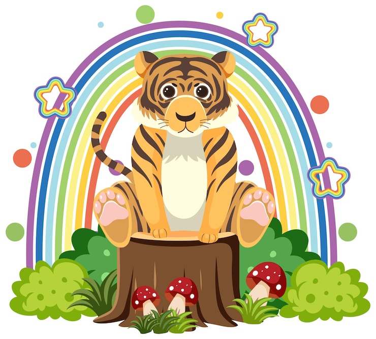 Vector gratuito lindo tigre en tocón en estilo de dibujos animados plana