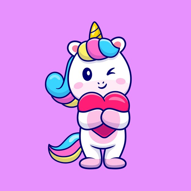 Lindo unicornio abrazo amor corazón dibujos animados Vector icono ilustración. Concepto de icono de naturaleza animal aislado Vector Premium. Estilo de dibujos animados plana