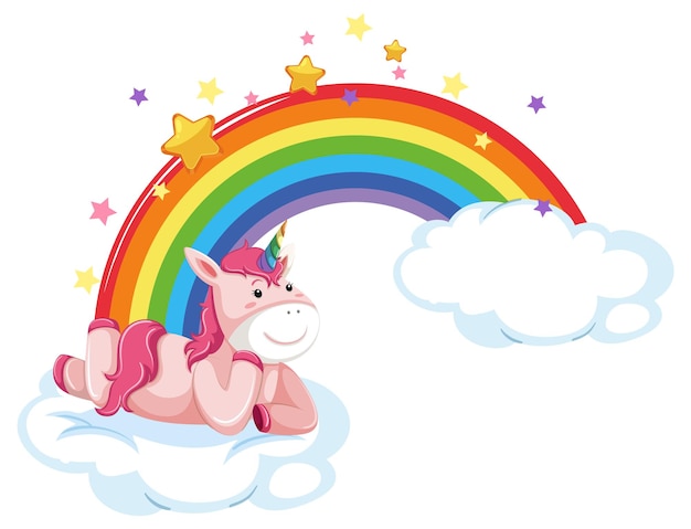 Lindo unicornio acostado en la nube con arco iris en estilo de dibujos animados