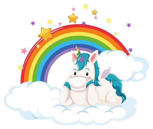 Lindo unicornio acostado en una nube con arco iris