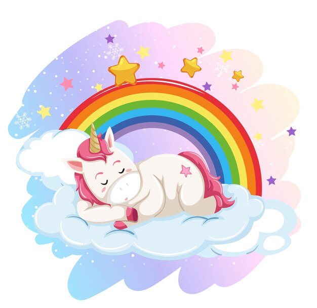 El lindo unicornio acostado en una nube en el cielo pastel con arco iris