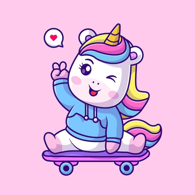 Vector gratuito lindo unicornio agitando la mano en patineta cartoon vector icono ilustración animal deporte icono aislado