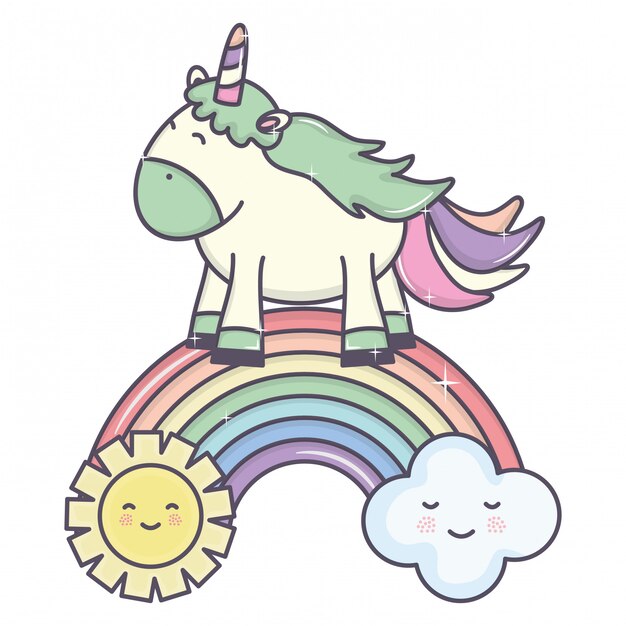 Lindo unicornio en el arco iris con nubes y sol kawaii personajes