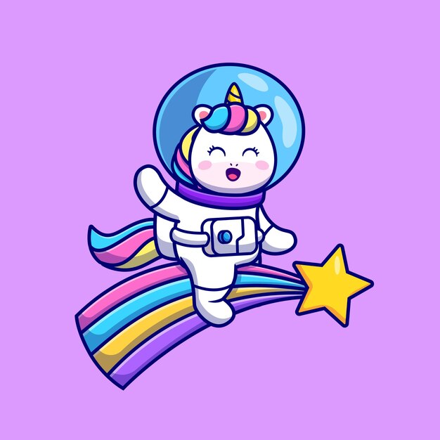 Lindo unicornio astronauta montando ilustración de arco iris.
