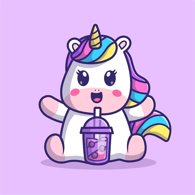 Vector gratuito lindo unicornio bebiendo boba leche té dibujos animados vector icono ilustración. icono de bebida animal aislado