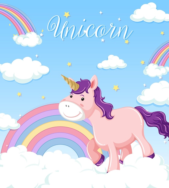 Lindo unicornio en el cielo azul con nubes