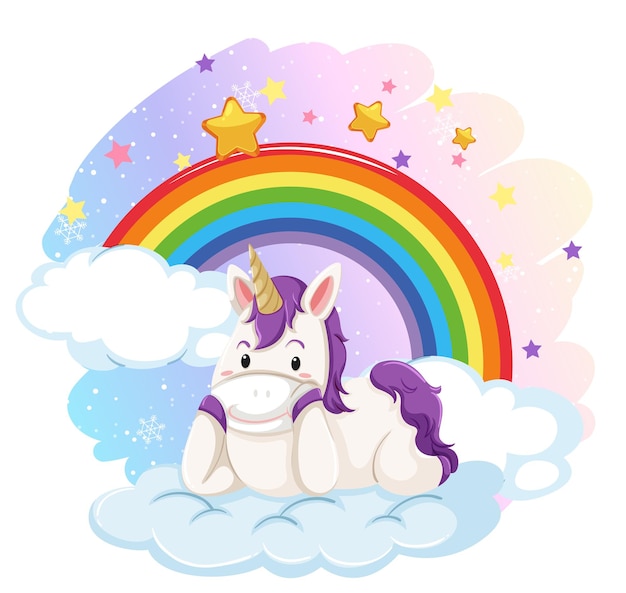 Lindo unicornio en el cielo pastel con arco iris