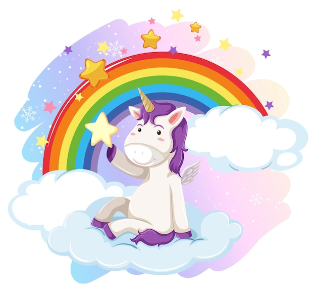 Lindo unicornio en el cielo pastel con arco iris