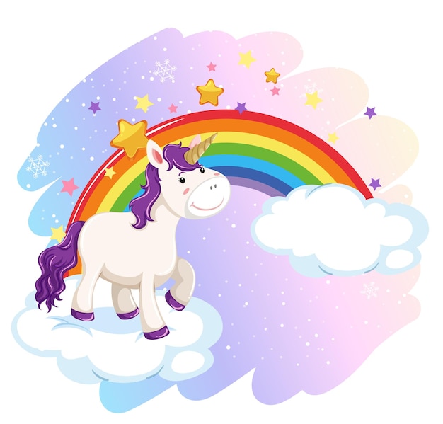 Vector gratuito lindo unicornio en el cielo pastel con arcoiris