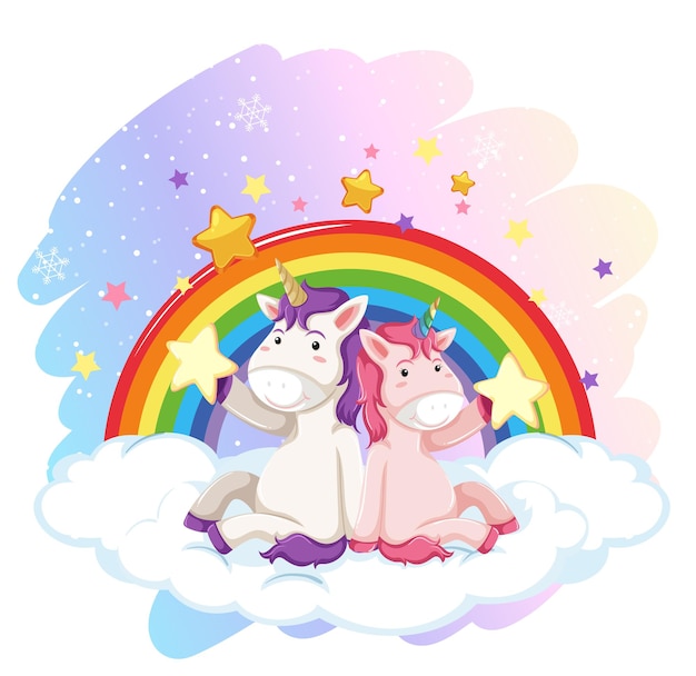 Lindo unicornio en el cielo pastel con arcoiris