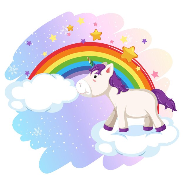 Lindo unicornio en el cielo pastel con arcoiris