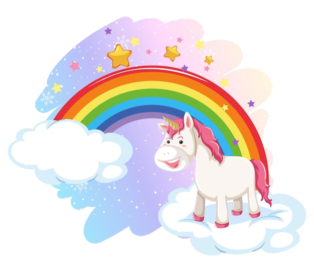 Lindo unicornio en el cielo pastel con arcoiris