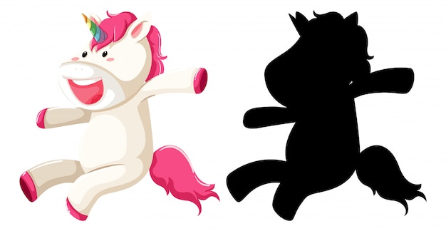 Lindo unicornio en color rosa y silueta en personaje de dibujos animados