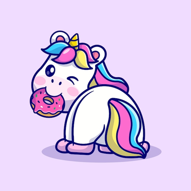 Lindo Unicornio Comiendo Donut Cartoon Vector Icono Ilustración. Concepto de icono de alimento animal plano aislado