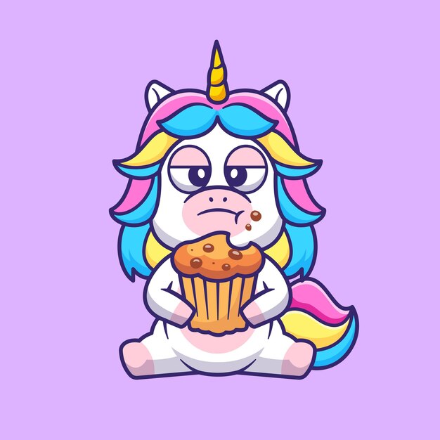 Lindo Unicornio Comiendo Muffin Cupcake Cartoon Vector Icono Ilustración. Icono de alimento animal plano aislado