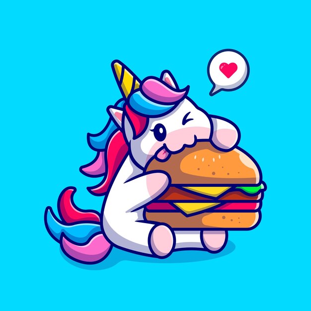 Lindo unicornio comiendo personaje de dibujos animados de hamburguesa. Alimentos para animales aislados.
