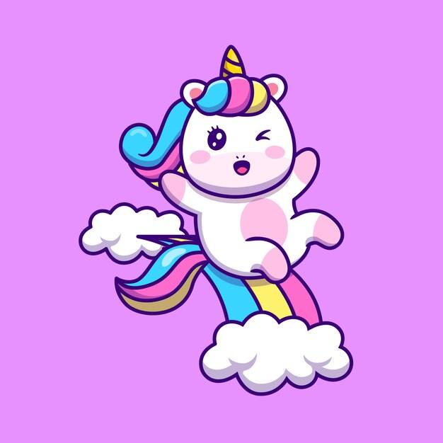 Lindo unicornio deslizándose en la ilustración de Vector de dibujos animados de arco iris. Concepto de fantasía animal Vector aislado. Estilo de dibujos animados plana