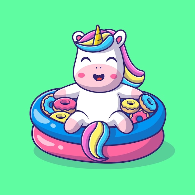 Vector gratuito lindo unicornio con donut en globo piscina cartoon vector icono ilustración. animal vacaciones aislado