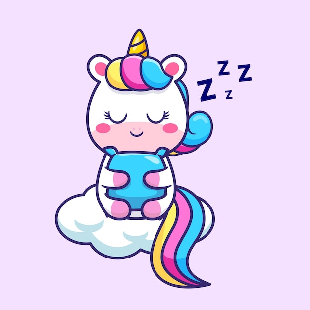 Vector gratuito lindo unicornio durmiendo con almohada en la ilustración de icono de vector de dibujos animados de nube. naturaleza animal aislada