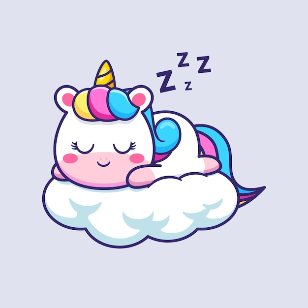 Lindo unicornio durmiendo en la ilustración de icono de vector de dibujos animados de nube. Concepto de icono de naturaleza animal aislado