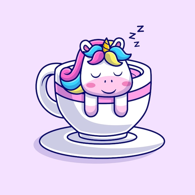 Lindo Unicornio Durmiendo En La Ilustración De Icono De Vector De Dibujos Animados De Taza De Café. Icono de bebida animal aislado