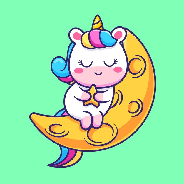 Lindo Unicornio Durmiendo En La Luna Con La Celebración De La Estrella De Dibujos Animados Vector Icono Ilustración. Icono de naturaleza animal