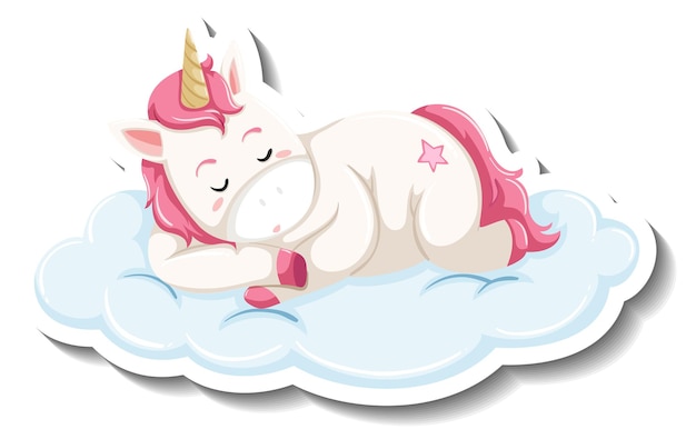 Vector gratuito lindo unicornio durmiendo en la nube sobre fondo blanco.