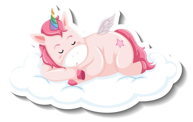 Lindo unicornio durmiendo en la nube sobre fondo blanco.