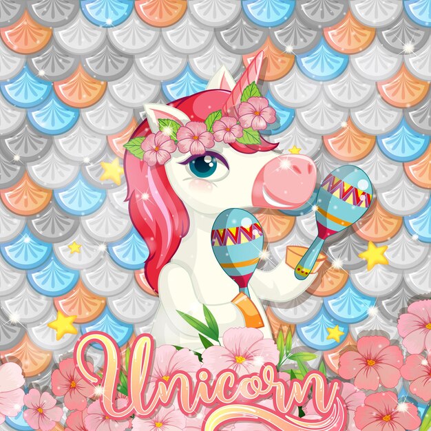 Lindo unicornio en escamas de pez arcoíris