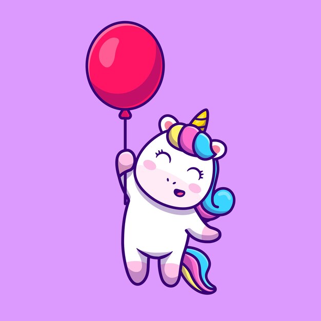 Lindo unicornio flotando con globo de dibujos animados Vector icono ilustración.