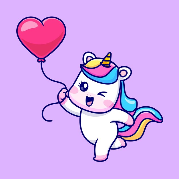 Lindo Unicornio Jugando Con Amor Globo Dibujos Animados Vector Icono Ilustración. Animal vacaciones aislado