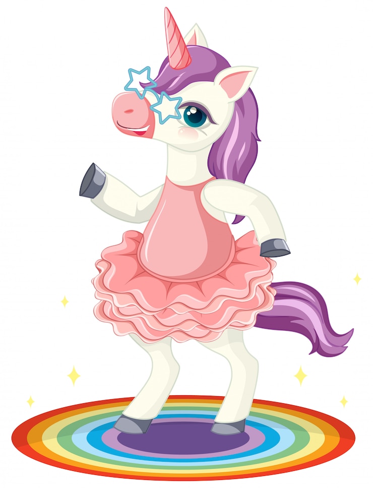 Vector gratuito lindo unicornio morado con gafas de estrella en pie en posición de rianbow sobre fondo blanco