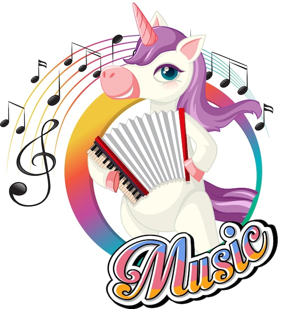 Lindo unicornio morado tocando acordeón con notas musicales en blanco