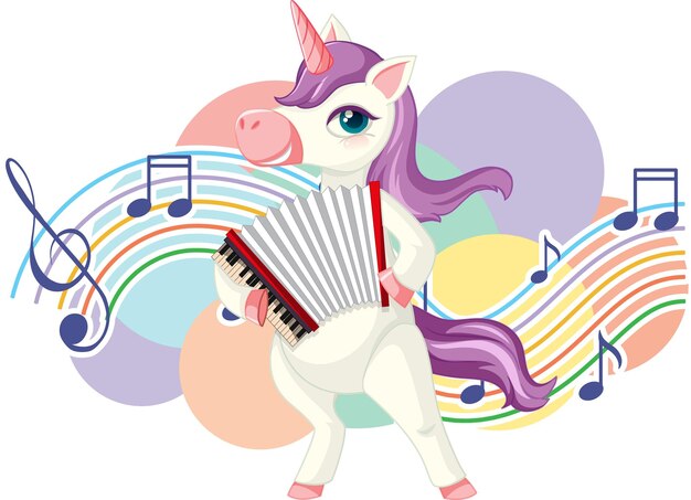 Lindo unicornio morado tocando acordeón con notas musicales en blanco