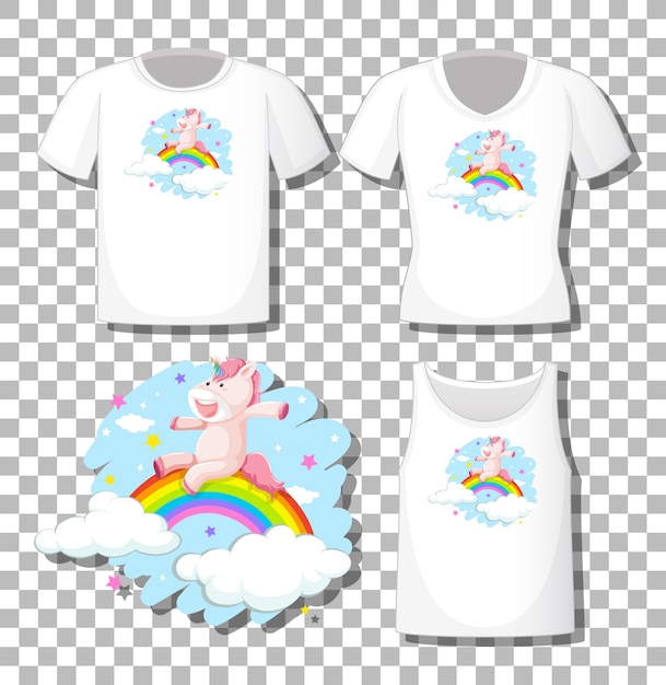 Vector gratuito lindo unicornio con personaje de dibujos animados de arco iris con un conjunto de camisas diferentes aislado