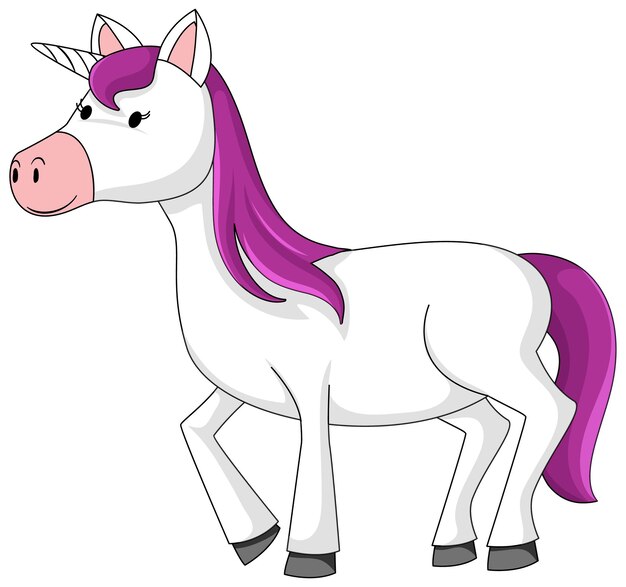 Lindo unicornio con personaje de dibujos animados de melena púrpura