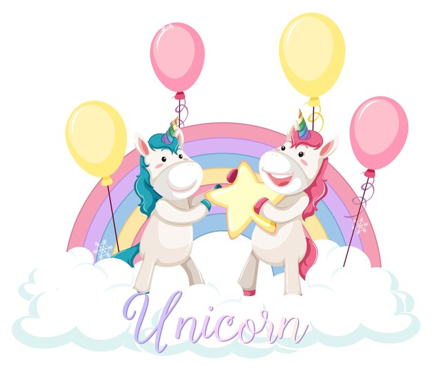 Lindo unicornio de pie en la nube con arco iris pastel aislado