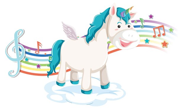 Lindo unicornio de pie en la nube con símbolos de melodía en arco iris