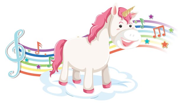 Lindo unicornio de pie en la nube con símbolos de melodía en arco iris