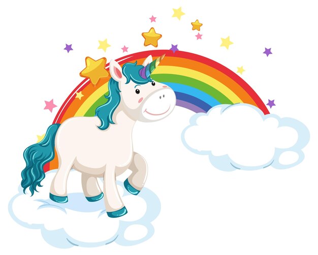 Lindo unicornio de pie sobre una nube con arco iris