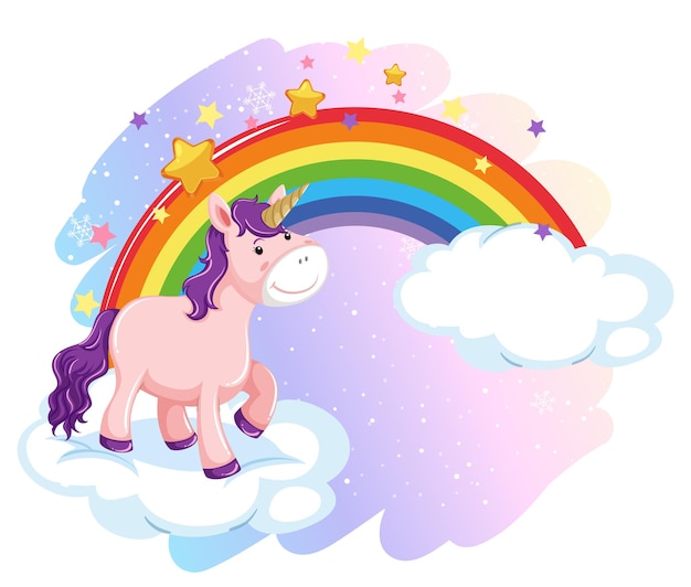 Lindo unicornio de pie sobre una nube con arco iris