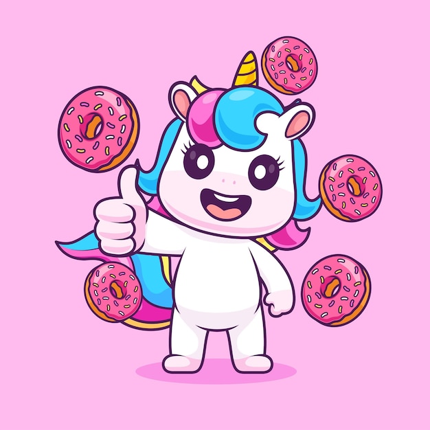 Lindo unicornio pulgares hacia arriba con rosquilla Ilustración de icono vectorial de dibujos animados Icono de comida de animales aislado plano