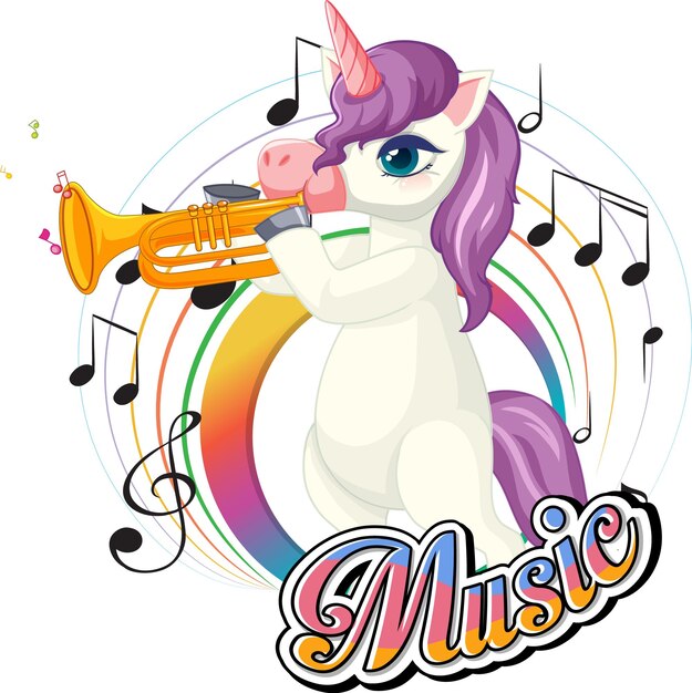 Lindo unicornio púrpura que sopla la trompeta con notas musicales en ba blanca