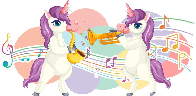 Lindo unicornio púrpura que sopla la trompeta con notas musicales en ba blanca