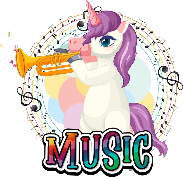 Lindo unicornio púrpura que sopla la trompeta con notas musicales en ba blanca