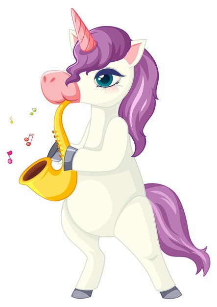 Lindo unicornio púrpura tocando la posición del saxofón sobre fondo blanco