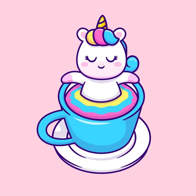 Lindo Unicornio Relajarse En Café Taza Arco Iris Dibujos Animados Vector Icono Ilustración Bebida Animal Aislado Plano